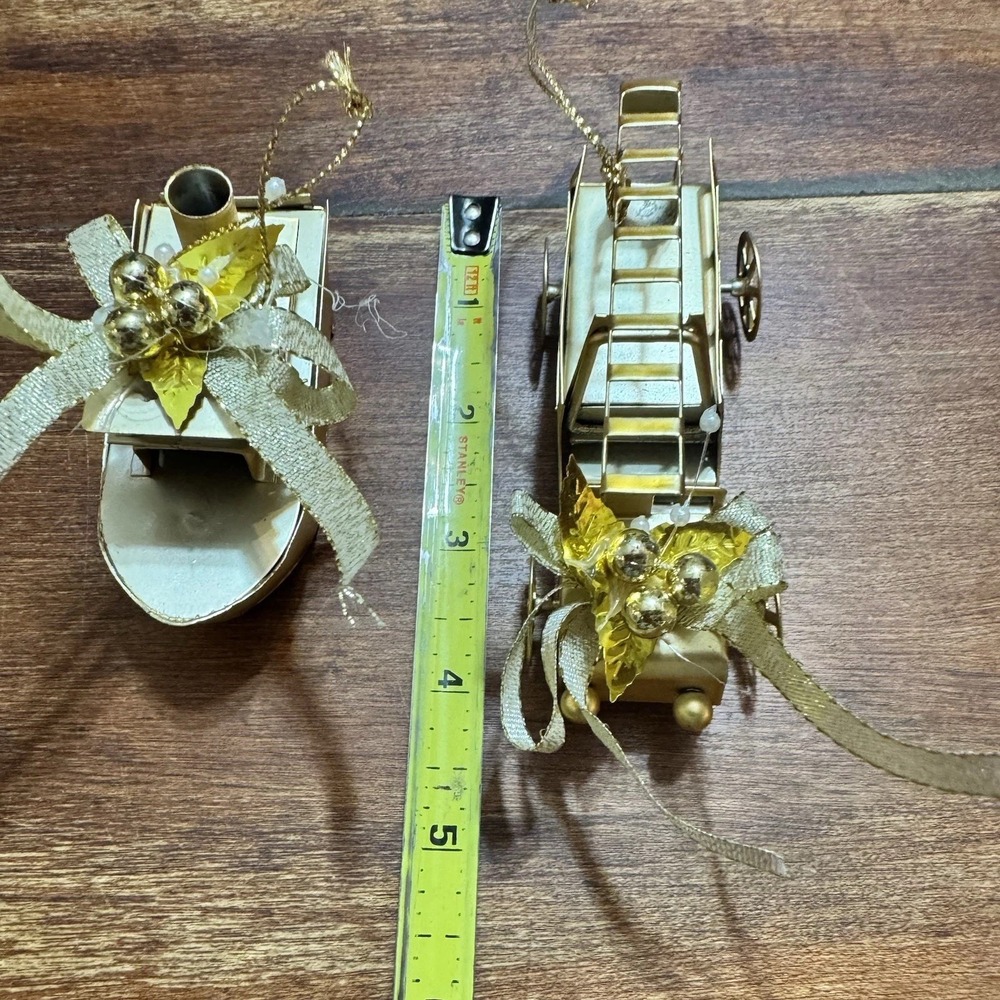Vintage Gold Toned Metal Christmas Ornaments Featuring A Fire Truck And Boat - Picture 3 of 16